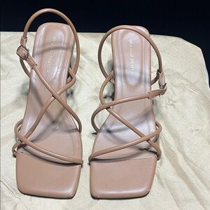 Minimalist Strappy Square-Toe Heels in Light Brown by Unknown Brand